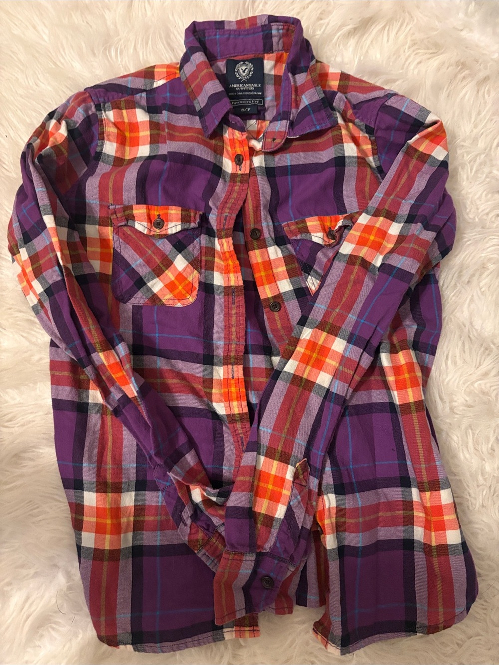 American Eagle Outfitters Purple and Orange Plaid Button-Up Shirt